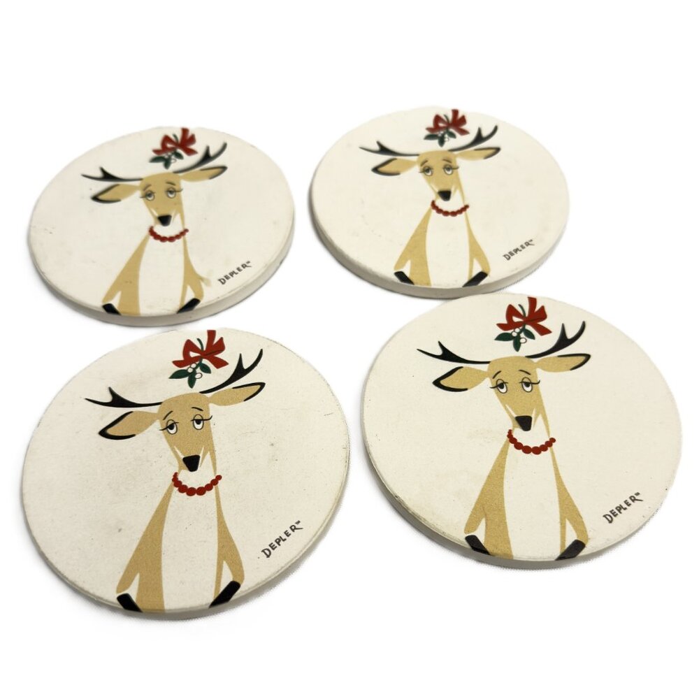 Retro Art Depler Stone Coasters Set of 4 Holiday Reindeer Collection Vintage